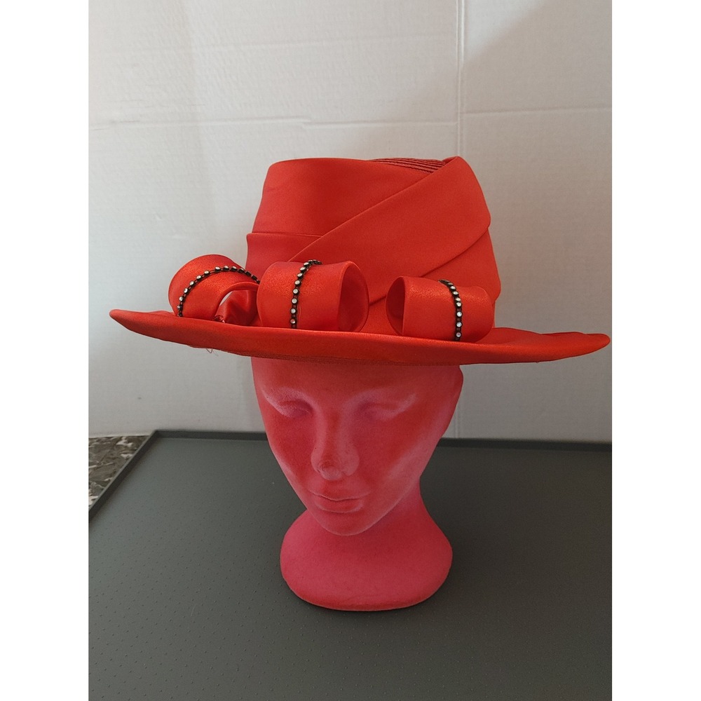 Ellie Fine Hats Wide Brim Dress Hat Womens OS Red Excellent Rhinestone Satin